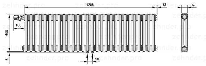 Схема (чертеж) Радиатор Zehnder Charleston 2060/28 №V007 Белый глянцевый RAL 9016
